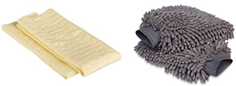 Amazon Basics Deluxe Auto-Waschhandschuh, Mikrofaser, 2 Stück & Trockenleder, 2 Stück