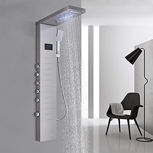 TVTIUO LED Panel de Ducha Columna de Hidromasaje Ducha Acero Inoxidable,con ducha de mano,Boquillas de Masaje,Grifo de bañera, LCD Multifunción Sistema de Ducha, níquel pulido