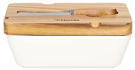 HOMLA Mooka Burriera in Porcellana con Coperchio in Legno e Coltello da Burro - Portaburro per il Frigo - Contenitore per Burro con Coperchio - Grande Vasoio per Burro - 11x16 cm