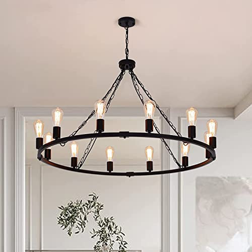 Eoodis Rustic Chandelier 12-Light Wagon Wheel Chandelier Black Chandeliers Ceiling Lights Height Adjustable for Dining Room Kitchen Living Room Bedroom(Dia 100cm)