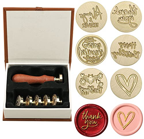 Mogokoyo 6 Stück Siegelstempel Set Wachsstempel Kit Siegelwachs Stempel Kit mit 6 Abnehmbaren Messingköpfen & 1 Holzgriff für Geschenkumschläge Einladungen (Segensspruch)