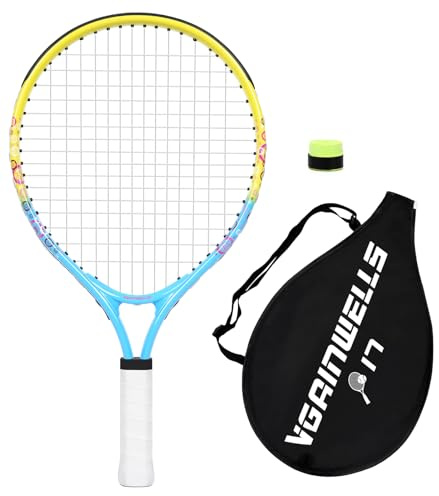 vgainwells 17-23 Kids Tennis Racket for Aged 2-9, Lightweight and Durable,Including 1 Replacement Grip Tapes and 1 Toddler Tennis Racket, Beginner Gift for Outdoor Sport（Yellow+Blue）