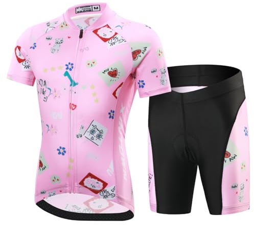 Amur Leopard Enfant Ensemble Maillot de Cyclisme à Manches Courtes + Cuissard Shorts avec Coussin pour Garçon Fille, Rose-Set, XXXL/12-13 Ans