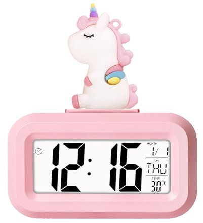 HOAQPPOY Sveglia Digitale da Comodino per Bambini, Unicorno Bambina, Intelligente con Temperatura Data Snooze, Regalo (Rosa2)
