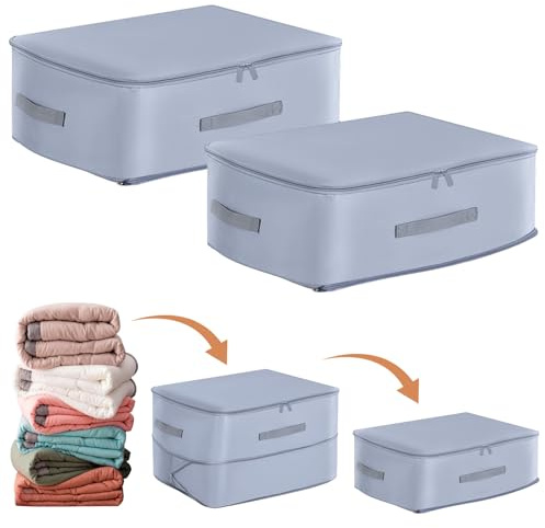 Lot de 2 Organisateur Auto-compression Ultra Peu Encombrants, Sacs de Rangement pour Couettes, Sac de Compression Voyage Empilable, Grand Sac de Rangement Mobiles pour Couvertures(Gris,52x42x30CM)