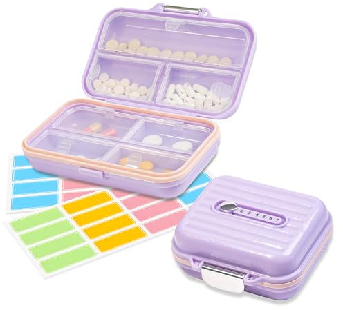 2 Stück Tablettenbox 7 Tage Pille pillendose mit Etiketten Feuchtigkeit Proof pillendose mit Schloss tägliche Pille Box für Geldbeutel Büro Reisen Outdoor （Groß +Klein） (Lila)