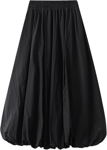 ThiCc Women's Y2K Bubble Maxi Skirt Balloon Long Skirts Elegant High Waist Pleated Puff A-Line Skirts Casual Ruffle Hem Flowy Skirts (One Size,Black)