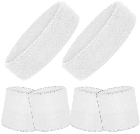 AOZUO 6pcs Sweatband Set, Sports Headband and Wristband Set Moisture Wicking Athletic Workout Headbands Terry Cloth Sweat Absorbing Wristband for Gym Running Basketball Tennis Yoga Jogging(White)