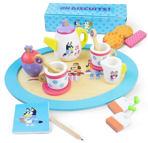 Bluey Wooden Tea Party Set – 18-Piece Pretend Play Set with Teapot, Tea Cups, Biscuits, Tray & Notepad – FSC Certified Eco-Friendly Toy for Kids Aged 3+ – Creative Role-Playing Fun