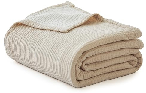 Simple&Opulence 100% Cotton Muslin Blanket, Lightweight Breathable 4 Layering Soft Cotton Throw Blanket,Gauze Blanket for Bed Couch Camping All-Season Use (Beige, 50x60)