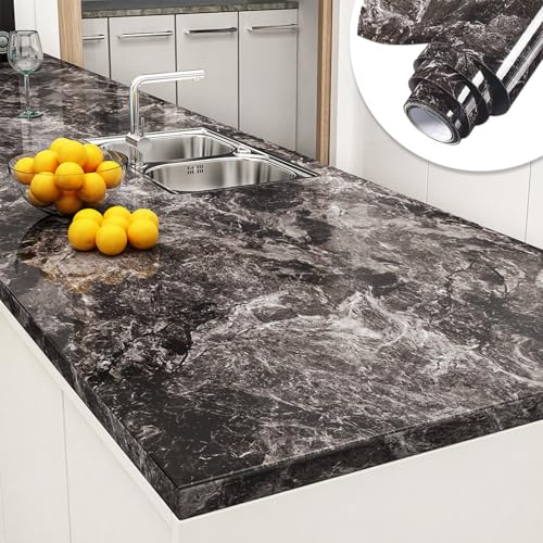 Yenhome Marmor-Tapete für Arbeitsplatte Selbstklebende Schwarz Braun Granitoptik 60x300cm Selbstklebende Vinylfolie Braun Marmor Optik Klebefolie Marmoroptik Folie für Möbel Schrankfolie Badezimmer