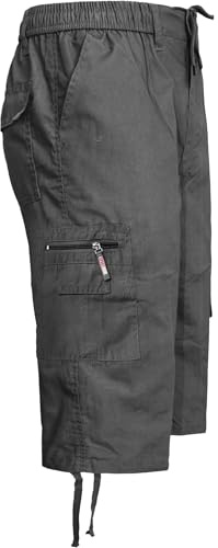 Turnhout Mens 3/4 Elasticated Waist Cargo Summer Combat Multi Pockets Long Length Shorts Three Quarter Pants, Charcoal, L