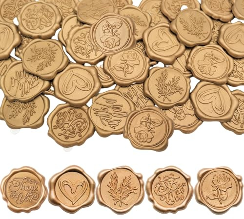 30 PCS Gold Wax Seal Stickers - 5 Vintage Patterns, 3.3cm/1.3inch Self-Adhesive Wax Seal Stamp with Embossed Rose, Leaves, Heart, Thank You, for You, for Envelopes, Invitations & Gifts