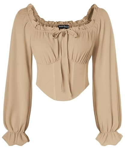 SCARLET DARKNESS - Top con corsetto da donna, maniche lunghe, in stile Renaissance, con vita smerlata e bustier, cachi, XXL
