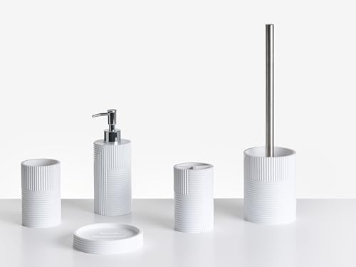 Ensemble d'Accessoires de Salle de Bain en Polyrésine 5 Pièces Distributeur de Savon Porte-Brosse à Dents Brosse Toilette Blanc Sepahua