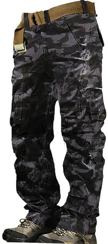 Pantalon cargo pour homme - Baggy - Mélange de polyester et de coton - Couleur unie - Polaire chaude et épaisse - Camouflage vert camouflage - Pantalon d'été, gris foncé, 40
