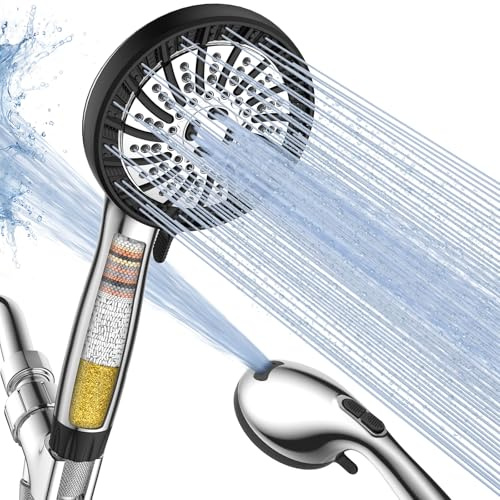 PWERAN High Pressure Shower Head with Handheld, Filtered Shower Head with 8 Mode, Water Softener Anti-clog Nozzles, Built-in Power Wash, Stainless Steel Hose,Overhead Brackets