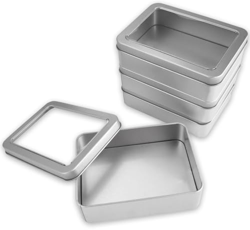 4 Piezas 12.5×9×3.5 cm Caja Metalica Pequeña, Tapa Transparente Caja Almacenamiento Metal, Sin Bisagras Mini Latas de Acero Inoxidable con Tapa para Guardar Monedas, Caramelos, Llaves, Pendientes
