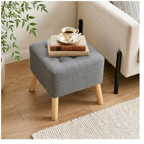 INMOZATA Square Footstool Linen Foot Rest Stool with Tufted Button, Solid Oak Legs & Non-Slip Pads, Removable Legs Change Shoe Footrest for Living Room, Bedroom, Hallway(Grey,41x41x41cm)