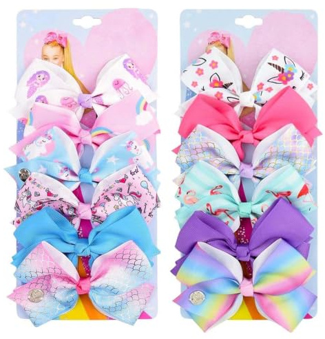 Large Vibrant Hair Clips with Dreamy Designs - 3D Ribbon Bow Set Featuring Rainbow, Unicorn, Mermaid & Flamingo for School, Party, Festival, Photo Outfit Accessory & Gift (2Pcs-A)