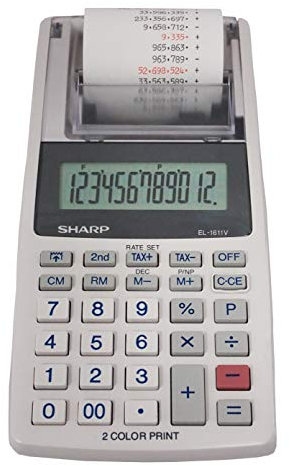 Sharp Druckender Mini-Tischrechner EL-1611V (12-stellige LCD-Anzeige, schwarz rote Druckfarben) grau
