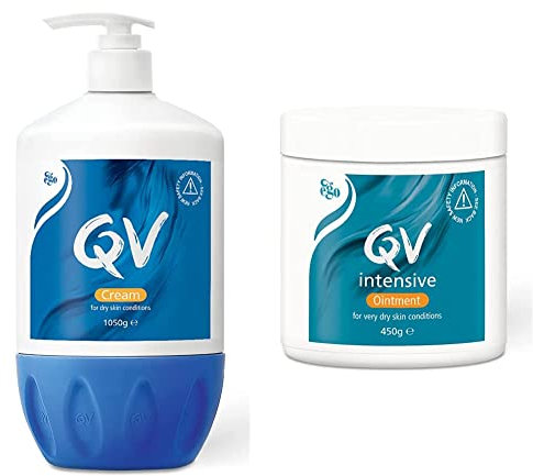 QV Cream 1050g Pump, 24 Hour Moisturisation, Ideal for Dry Skin Conditions, such as Eczema, Psoriasis and Dermatitis & Intensive Ointment 450g, Helps to Protect and Soothe Dry and Sensitive Skin