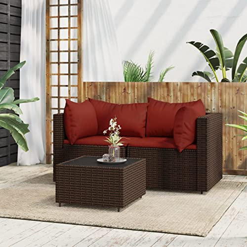 Yolola Balkon Lounge Klein 3-TLG Balkonmöbel Kleiner mit 2X Eckteil + Tisch,Balkon Lounge Sofa Outdoor Balkon Ecksofa Klein Lounge Gartenmöbel Set Rattan Braun und Rot Gartensofa