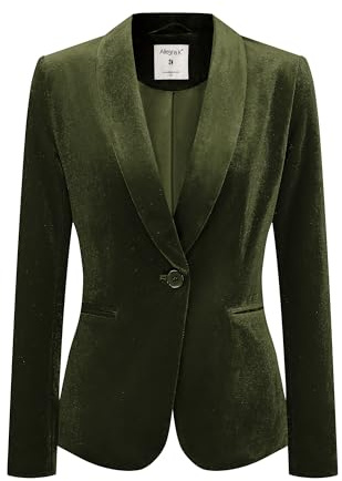 Allegra K - Giacca da donna, in velluto natalizio, tinta unita, a maniche lunghe, con risvolto dentellato, monopetto, da completo, Verde oliva, M