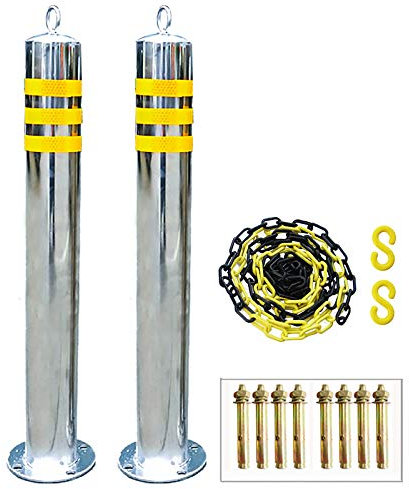 Stainless Steel Security Posts And Plastic Chain Set - Easy Installation, Reflective Tape Barriers With Hanging Ring - 2 Parking Bollards