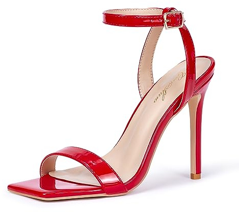 GENSHUO Sandali da Donna con Tacco Alto a Spillo con Punta Quadrata Aperta e Cinturino alla Caviglia per Scarpe Formali da Ballo di Fine Anno per Feste, Rosso, 37 EU