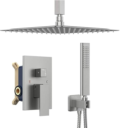 XJTNLB Duscharmatur Unterputz Set Gebürstet Quadrat Armatur Dusche Set 10 in Regendusche Duschbrause mit Schlauch