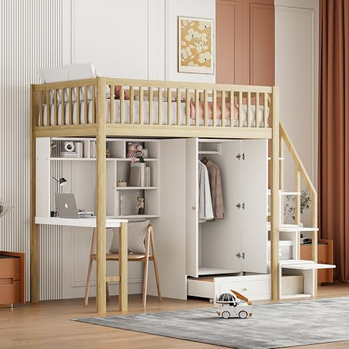 YESGIGA Loftsäng 90 x 200 med stor garderob, hylla och bord, förvaringsutrymme, trappa, multifunktionssäng, sängram (träfärg)