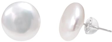 14 MM Large Freshwater Cultured Button Pearl Studs Earrings for Women, Sterling Silver Backing