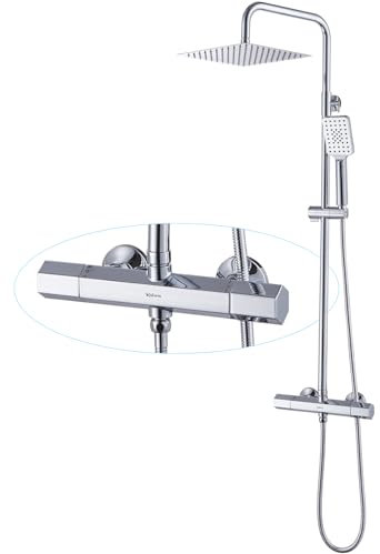 kelleria Duschsystem mit Thermostat Regendusche Duschset, Edelstahl Duschsäule mit Kopfbrause und Handbrause, Verstellbarer Duschstange 960-1245mm Komplettes Duschgarnitur für Bad, Chrom