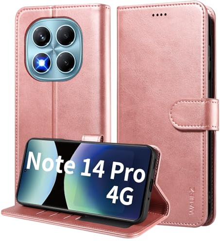 WAURZ Cover per Xiaomi Redmi Note 14 Pro 4G, Custodia Cover Pelle Libro Portafoglio con Porta Carte Magnetica Protezione Antiurto Cuoio Flip Case Custodia Cover per Redmi Note 14 Pro 4G,Oro Rosa