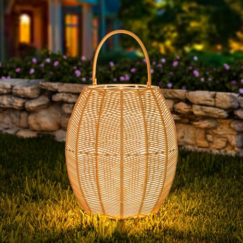MALUX Rattan Latern Stil mit E27-Glühbirne, IP44 Wasserdicht, Laterne für Außen Garten,Hängend/Stehend Handgestrickte Latern für Terrasse Garten Innenhof Balkon
