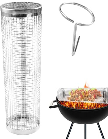 Grill grönsakskorg – rullande grillkorg grilltillbehör, cylinder roterande matlagningsredskap, rostfritt stål BBQ tillbehör verktyg för grönsakkött räkor