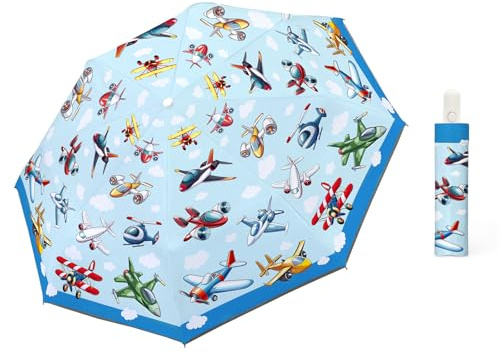 alldomess Automatic Kids Umbrella Portable, Folding Compact Kids Parasol Uv Protection for Girls Boys, Windproof Childrens Umbrella Outdoor Travel Lightweight for Toddler, Blue Airplane