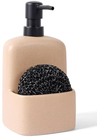 BosilunLife Dish Soap Dispenser - Ceramic Kitchen Soap Dispenser with Sponge Holder Matte Ceramic Soap Daddy Dispenser 20oz for Kitchen Soap Pump and Sponges Caddy(Light Linen)