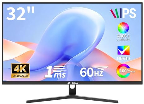 CRUA 32 inch Ecran PC Gamer 4K,Gaming Monitor UHD (3840 x 2160) PC Screen 1ms GtG 60HzHZ, Display HDRTM 400, DCI-P3 98%, AMD FreeSync, Tilt, Height Adjustable, Portrait Mode