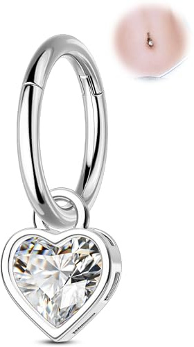 OUFER 14G Piercing Nombril en Acier Chirurgical 316L avec Segment Articulé Pendentif Anneau de Nombril en Forme de Cœur CZ Argent Piercing au Nombril Bijoux pour Femme 10 mm