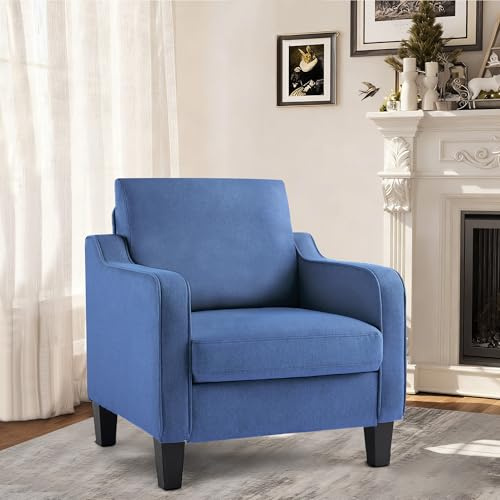 XH.Easy Go Sillón de Acento Estilo Mid Century Moderno, Cojín Grueso de Tela de Lino, Silla Sofá Individual Cómoda para Salón, Dormitorio, Apartamento, Oficina (Espacios Pequeños)，Azul