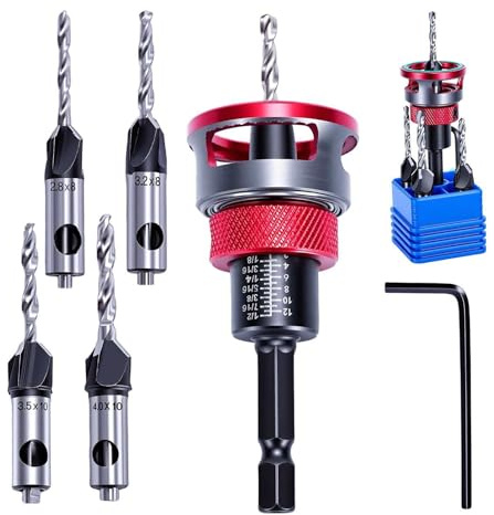 6PCS Countersink Drill Bit Set with Adjustable Depth Stop Collar, 1/4 Inch Hex Shank, 4 HSS M2 Tapered Bits and a Wrench, 82° Counterbore for Precise Woodworking, Plywood, MDF and DIY Projects