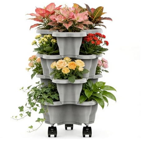Derwrtup Torre Plantadora Vertical - Macetero Apilable Vertical Resistente a la Intemperie | Torre De Macetas para Fresas - para Jardín, Patio, Balcón, Terraza, Urbano, Decoración