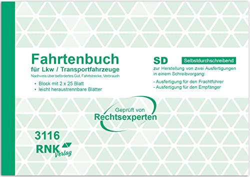 RNKVERLAG 3116 - Fahrtenbuch für LKW, selbstdurchschreibend mit integrierter Schutzkappe, Block mit 2 x 25 Blatt in DIN A5 quer, 1 Stück
