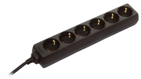 as - Schwabe 11612 Regleta de enchufes múltiples de 6 vías Con protección de contacto aumentada, negra, 1,4m H05VV-F 3G1,5, IP20 uso interior