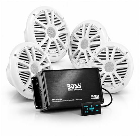 BOSS Audio Systems ASK904B.64 Marine Boat 6.5 inch Speakers and 4 Channel Amplifier - 500 High Output, Bluetooth Remote, USB and Auxiliary, Waterproof Pouch