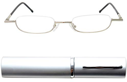 Mini Brille - Lunettes de Lecture à Monture Demi - Lune Légère en Métal (Argent), Boite Lunette Mince en Aluminium Inclus, Lunette Homme et Femme + 1.5 Dioptrie
