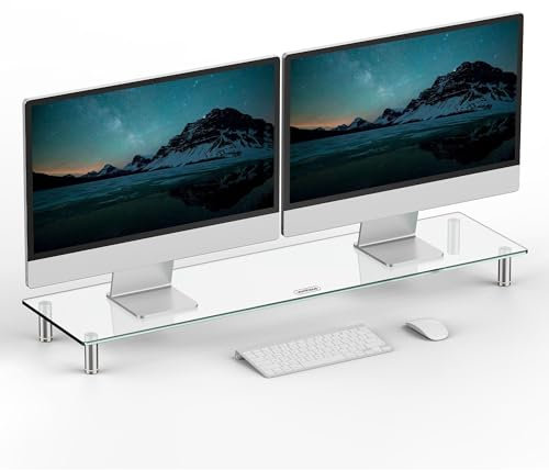 VonHaus Glass Monitor Stand for Desks, Height Adjustable Dual Screen Riser, 100x26cm Tempered Glass Monitor Stand w/Aluminium Legs, 20Kg Capacity