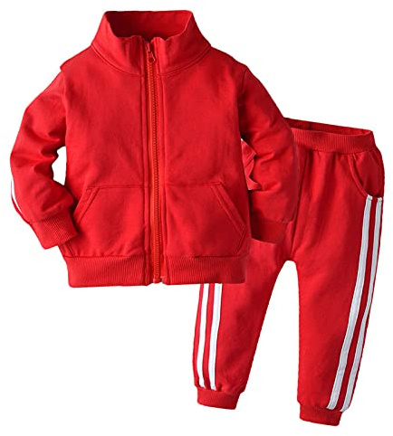 Coralup Kids Girls Boys Plain Zipper Tracksuit Set Hoodie Top Bottom Jogging Suit Red 2-3 Years